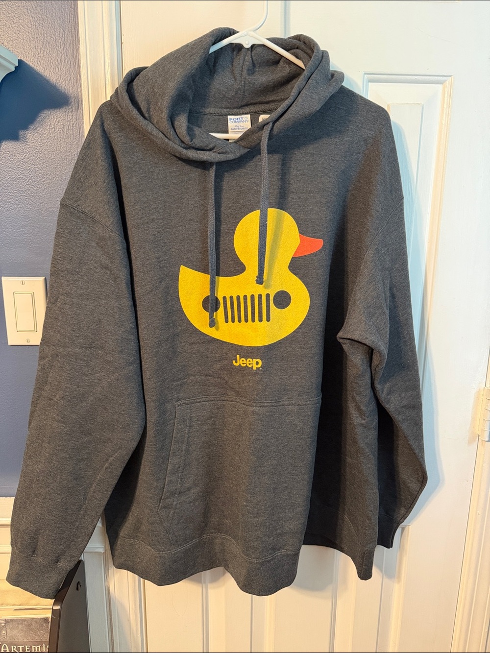 Jeep Charcoal Hoodie with Yellow Duck Graphic and Orange Beak